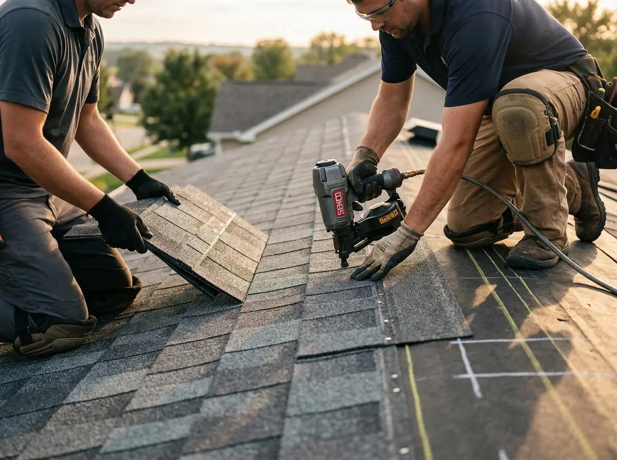 Professional roofer working on a residential roof in Sky Lake